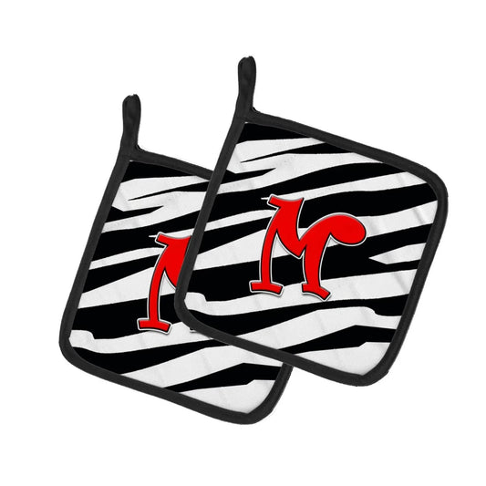 Pot Holder Set of 2 | Heat Resistant Quilted Hot Pads | 7.5 x 7.5 Inch | Letter M Initial Monogram - Zebra Red