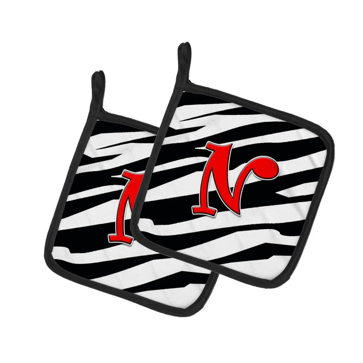 Pot Holder Set of 2 | Heat Resistant Quilted Hot Pads | 7.5 x 7.5 Inch | Letter N Initial Monogram - Zebra Red
