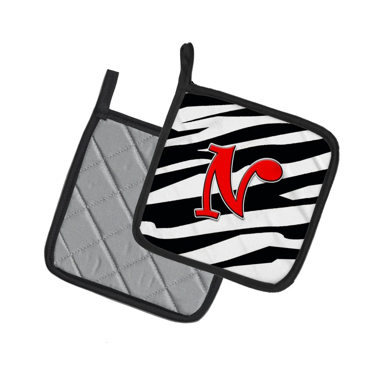 Pot Holder Set of 2 | Heat Resistant Quilted Hot Pads | 7.5 x 7.5 Inch | Letter N Initial Monogram - Zebra Red