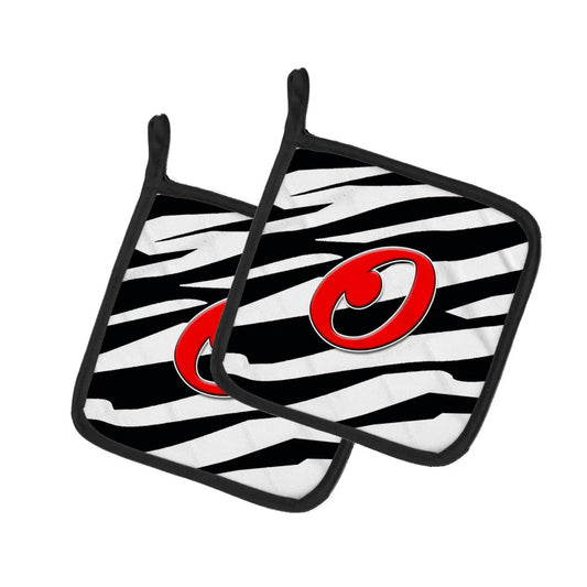 Pot Holder Set of 2 | Heat Resistant Quilted Hot Pads | 7.5 x 7.5 Inch | Letter O Initial Monogram - Zebra Red