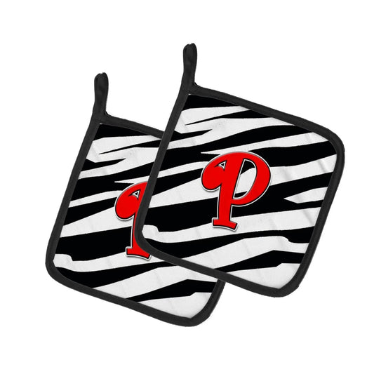 Pot Holder Set of 2 | Heat Resistant Quilted Hot Pads | 7.5 x 7.5 Inch | Letter P Initial Monogram - Zebra Red