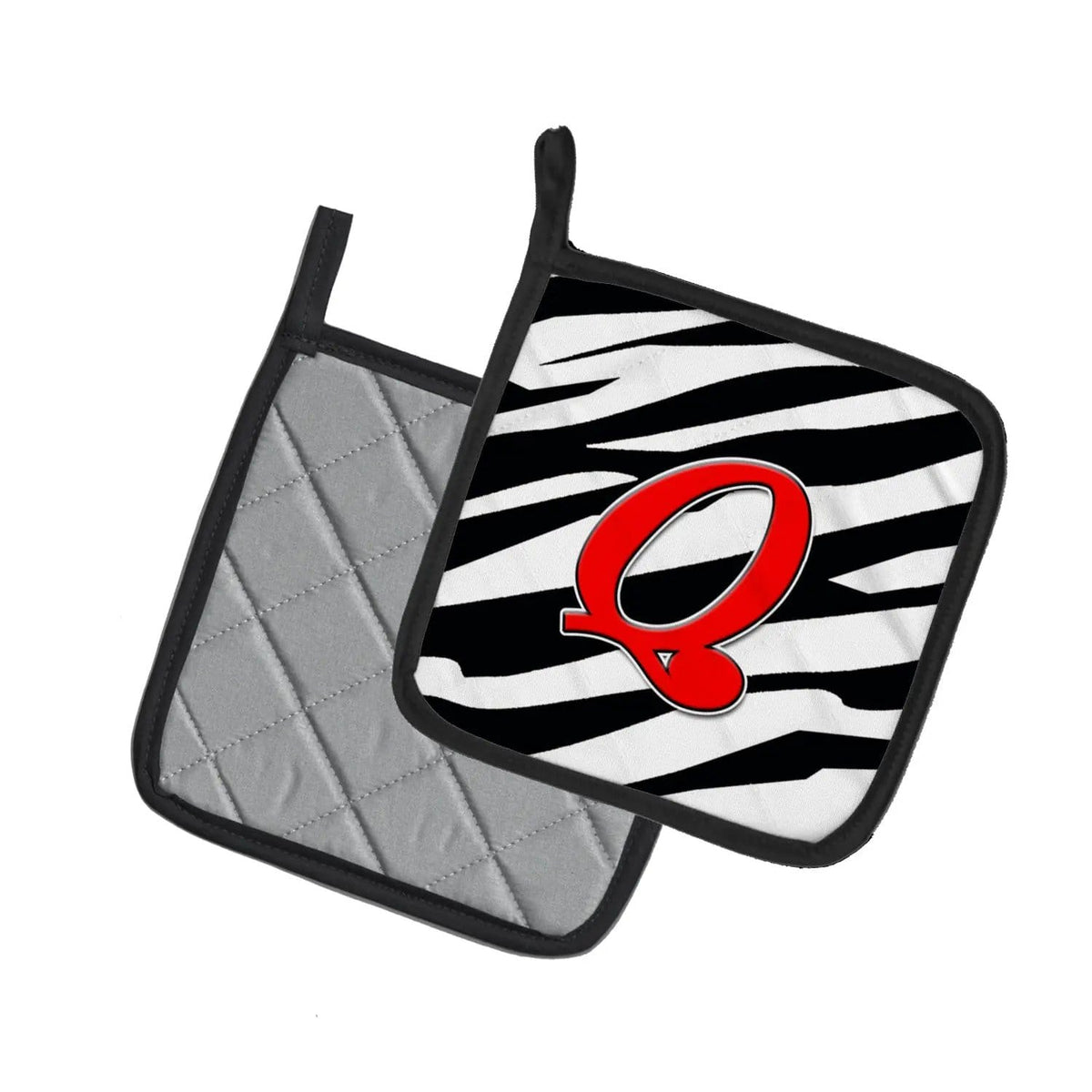 Pot Holder Set of 2 | Heat Resistant Quilted Hot Pads | 7.5 x 7.5 Inch | Letter Q Initial Monogram - Zebra Red