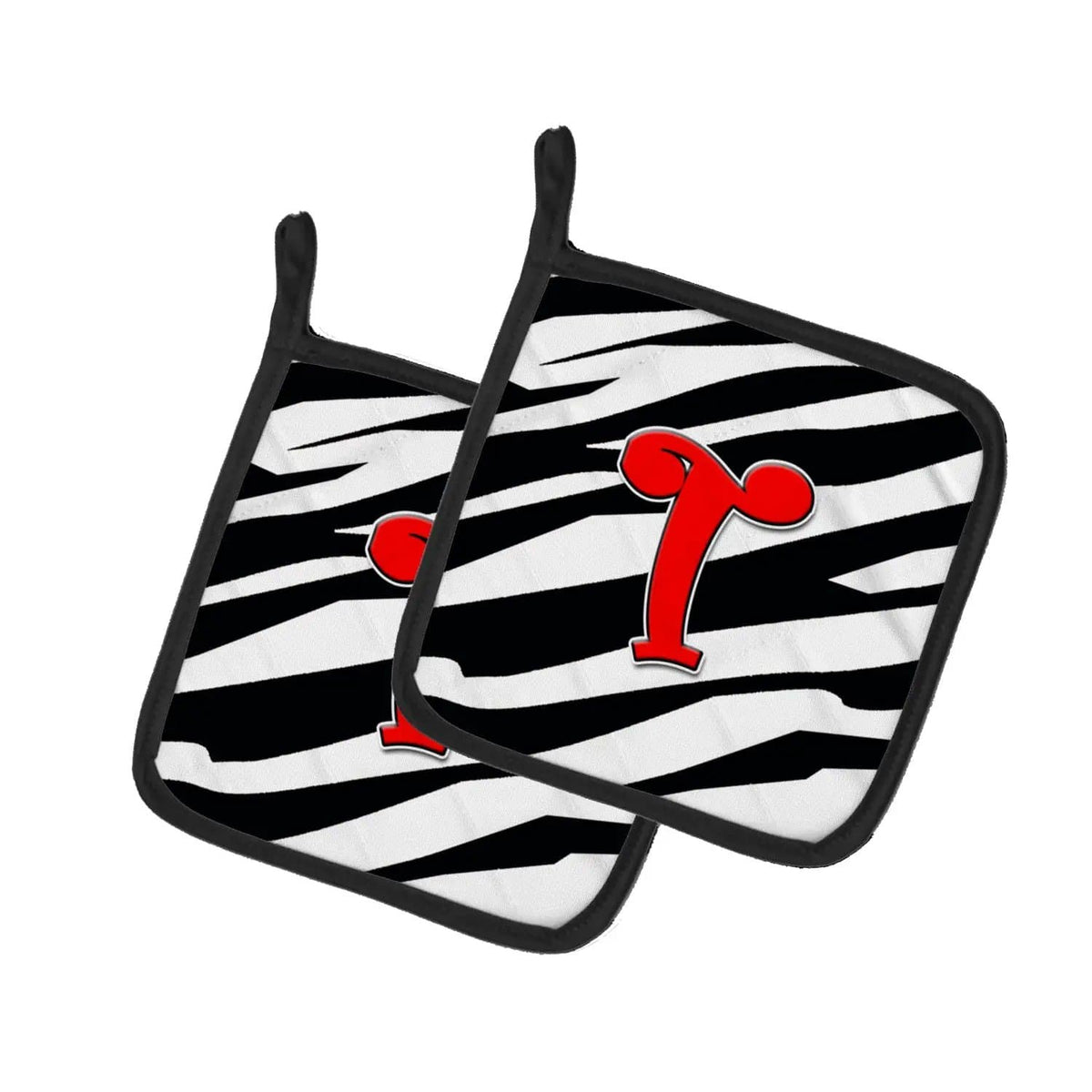 Pot Holder Set of 2 | Heat Resistant Quilted Hot Pads | 7.5 x 7.5 Inch | Letter T Initial Monogram - Zebra Red