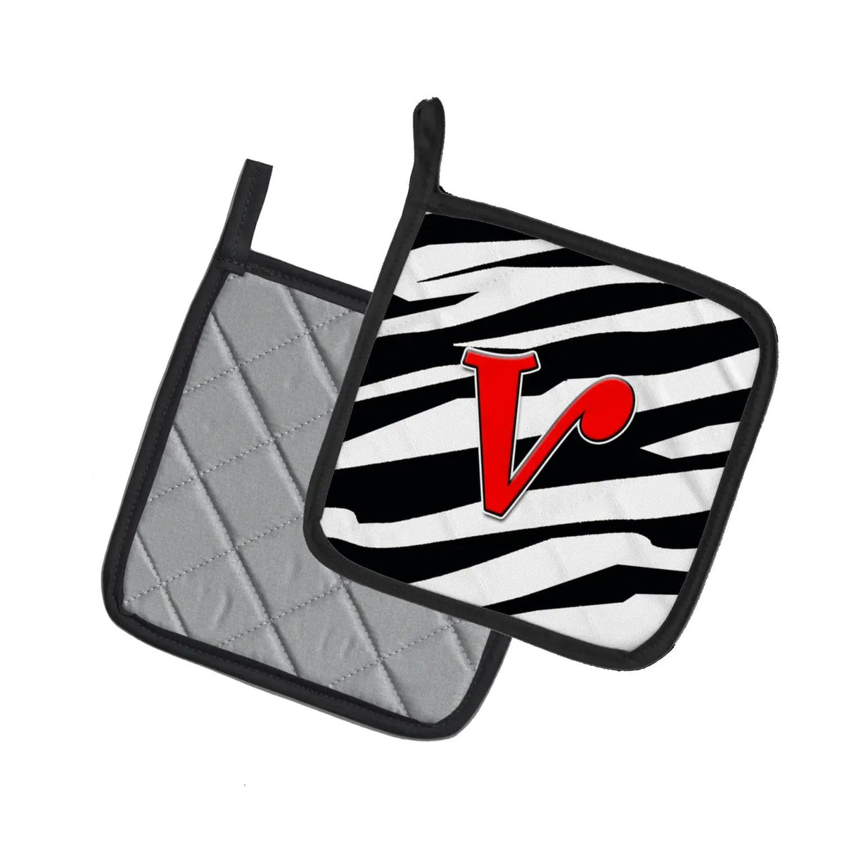 Pot Holder Set of 2 | Heat Resistant Quilted Hot Pads | 7.5 x 7.5 Inch | Letter V Initial Monogram - Zebra Red