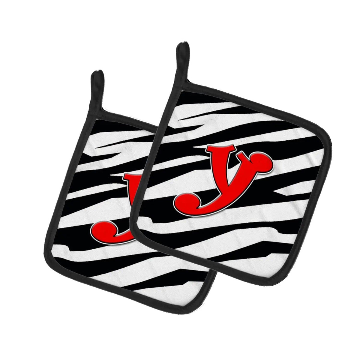 Pot Holder Set of 2 | Heat Resistant Quilted Hot Pads | 7.5 x 7.5 Inch | Letter Y Initial Monogram - Zebra Red