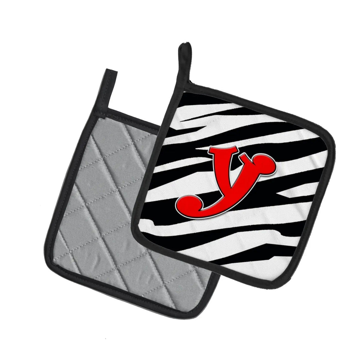 Pot Holder Set of 2 | Heat Resistant Quilted Hot Pads | 7.5 x 7.5 Inch | Letter Y Initial Monogram - Zebra Red