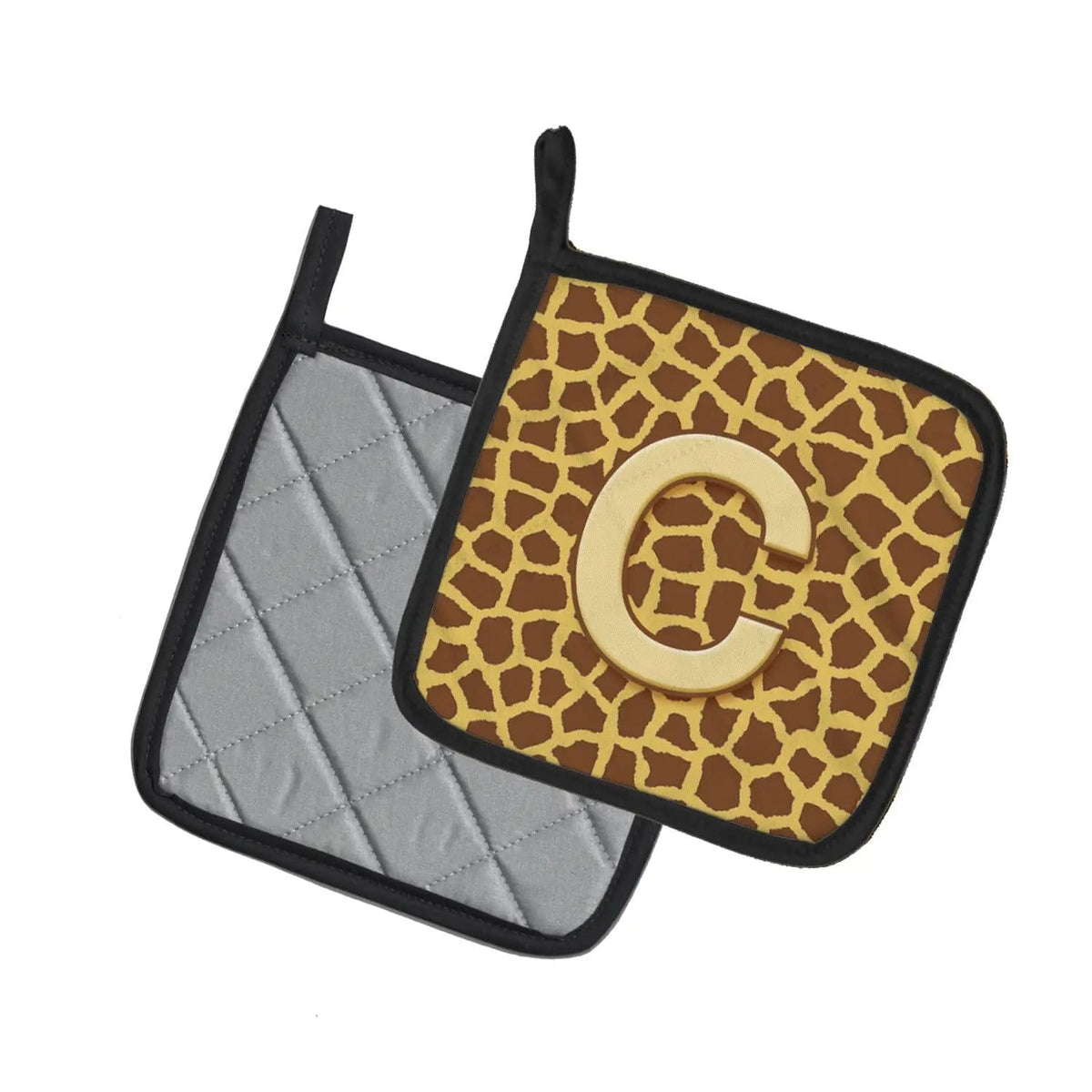 Pot Holder Set of 2 | Heat Resistant Quilted Hot Pads | 7.5 x 7.5 Inch | Letter C Initial Monogram - Giraffe (Style 2)
