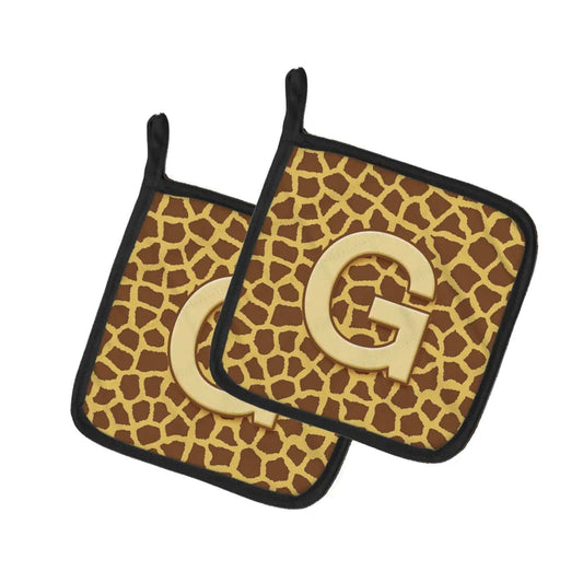 Pot Holder Set of 2 | Heat Resistant Quilted Hot Pads | 7.5 x 7.5 Inch | Letter G Initial Monogram - Giraffe