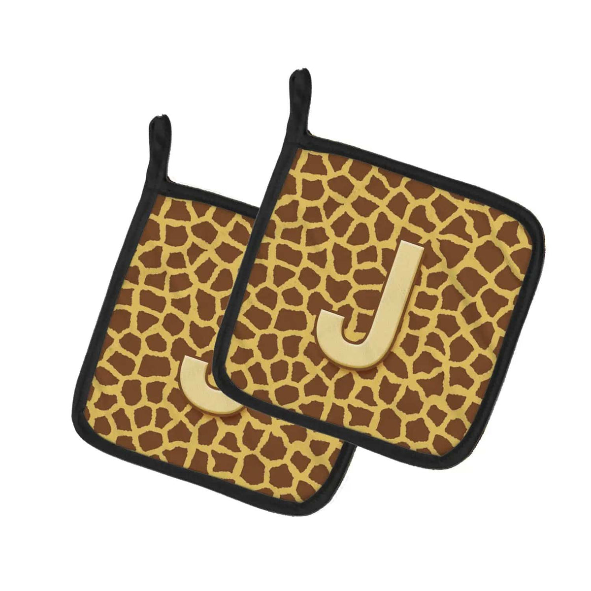 Pot Holder Set of 2 | Heat Resistant Quilted Hot Pads | 7.5 x 7.5 Inch | Letter J Initial Monogram - Giraffe