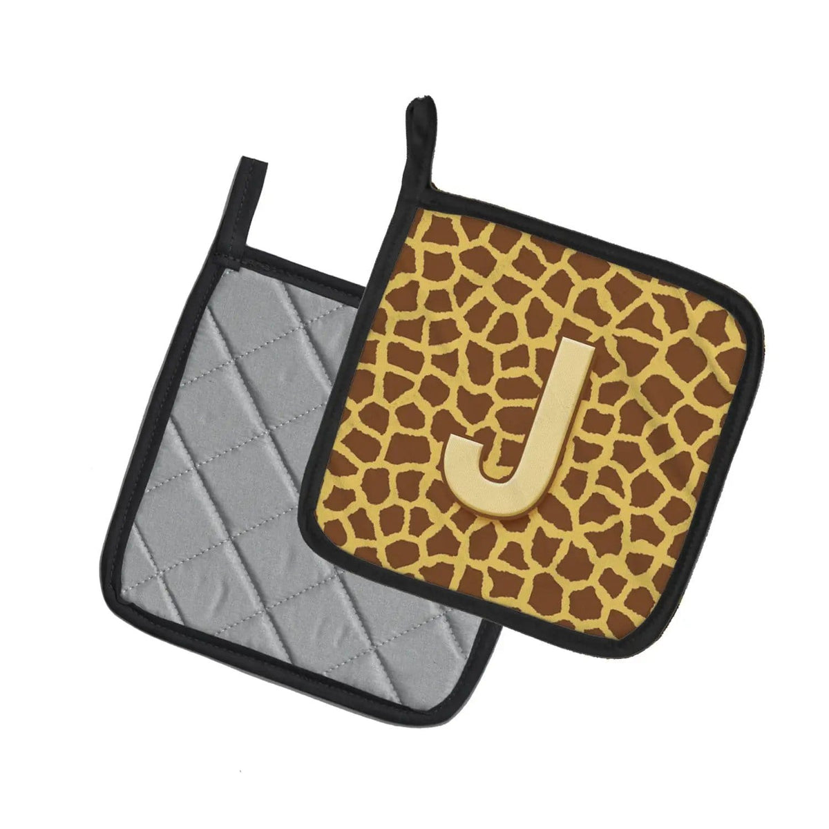 Pot Holder Set of 2 | Heat Resistant Quilted Hot Pads | 7.5 x 7.5 Inch | Letter J Initial Monogram - Giraffe