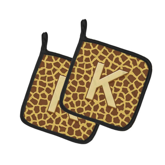Pot Holder Set of 2 | Heat Resistant Quilted Hot Pads | 7.5 x 7.5 Inch | Letter K Initial Monogram - Giraffe