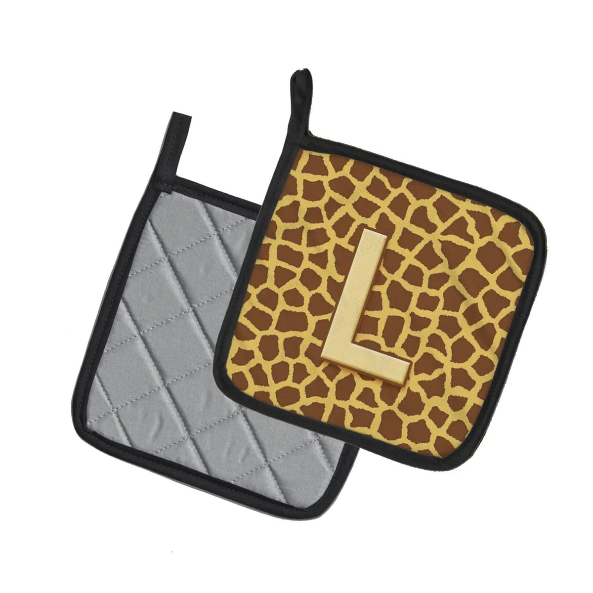 Pot Holder Set of 2 | Heat Resistant Quilted Hot Pads | 7.5 x 7.5 Inch | Letter L Initial Monogram - Giraffe