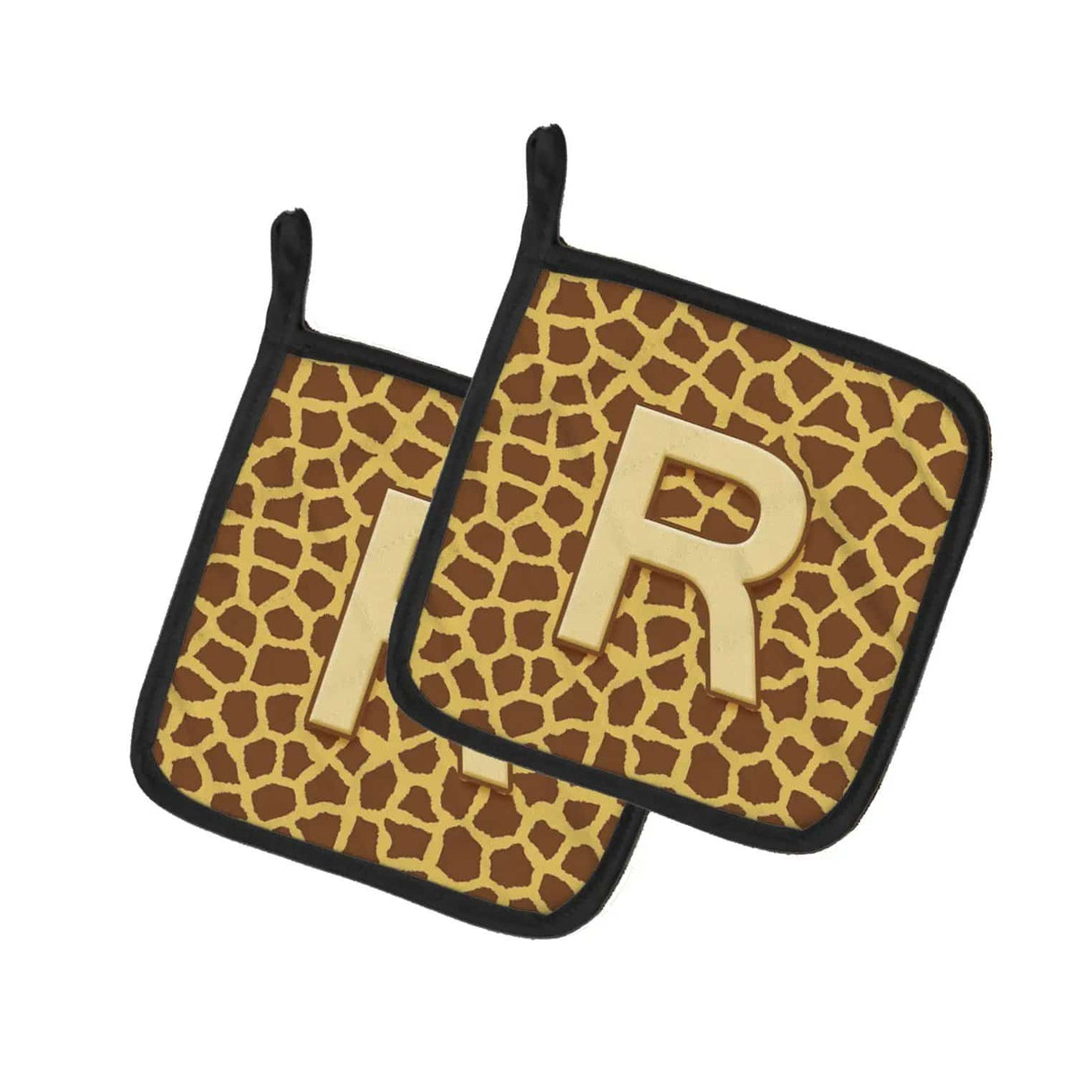 Pot Holder Set of 2 | Heat Resistant Quilted Hot Pads | 7.5 x 7.5 Inch | Letter R Initial Monogram - Giraffe
