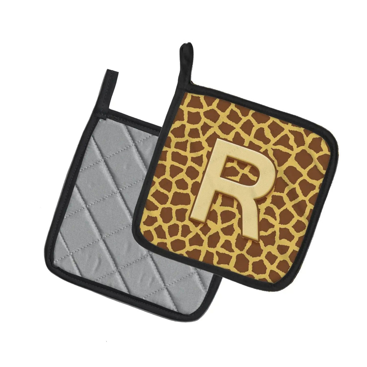 Pot Holder Set of 2 | Heat Resistant Quilted Hot Pads | 7.5 x 7.5 Inch | Letter R Initial Monogram - Giraffe