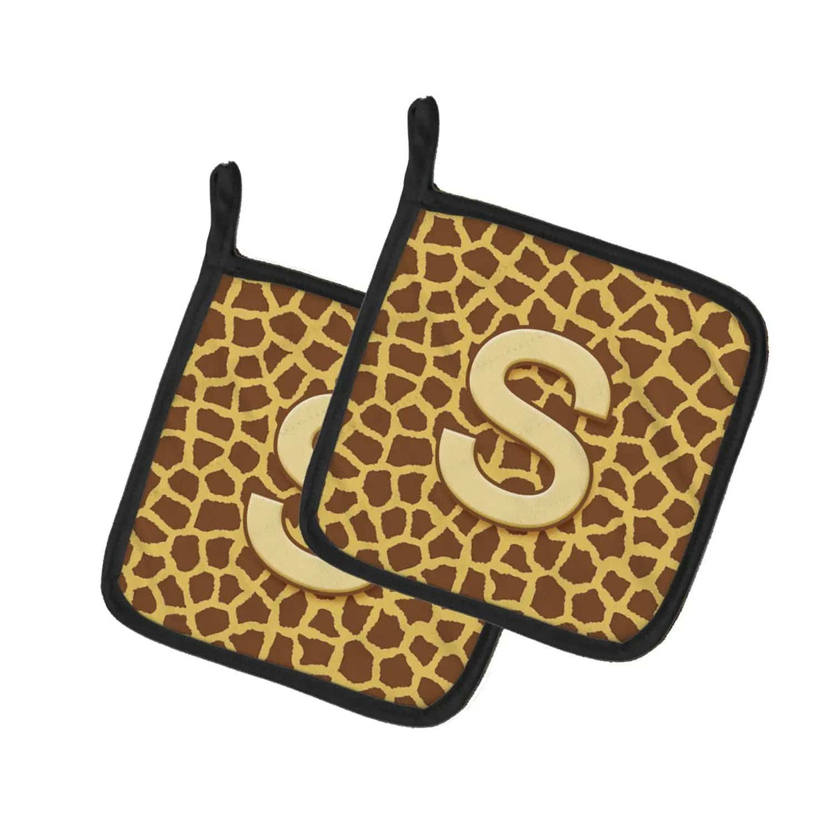 Pot Holder Set of 2 | Heat Resistant Quilted Hot Pads | 7.5 x 7.5 Inch | Letter S Initial Monogram - Giraffe
