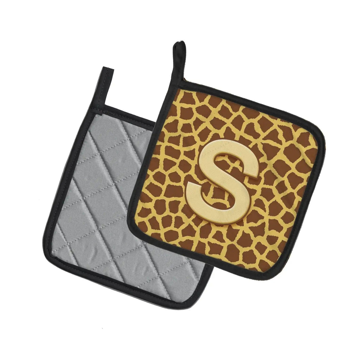 Pot Holder Set of 2 | Heat Resistant Quilted Hot Pads | 7.5 x 7.5 Inch | Letter S Initial Monogram - Giraffe