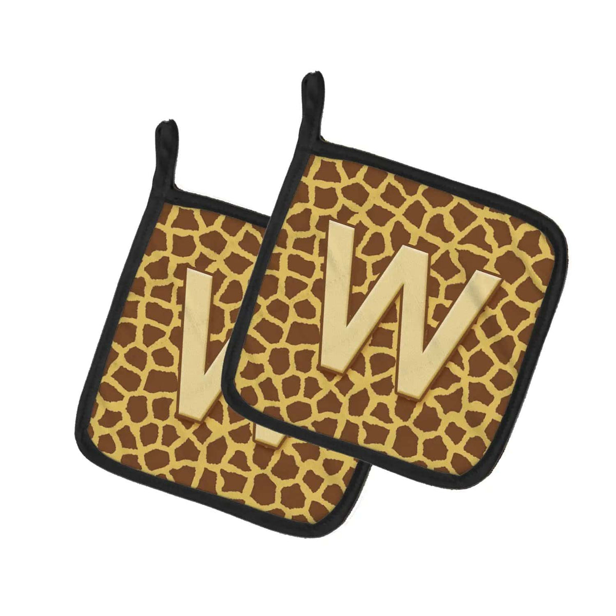 Pot Holder Set of 2 | Heat Resistant Quilted Hot Pads | 7.5 x 7.5 Inch | Letter W Initial Monogram - Giraffe