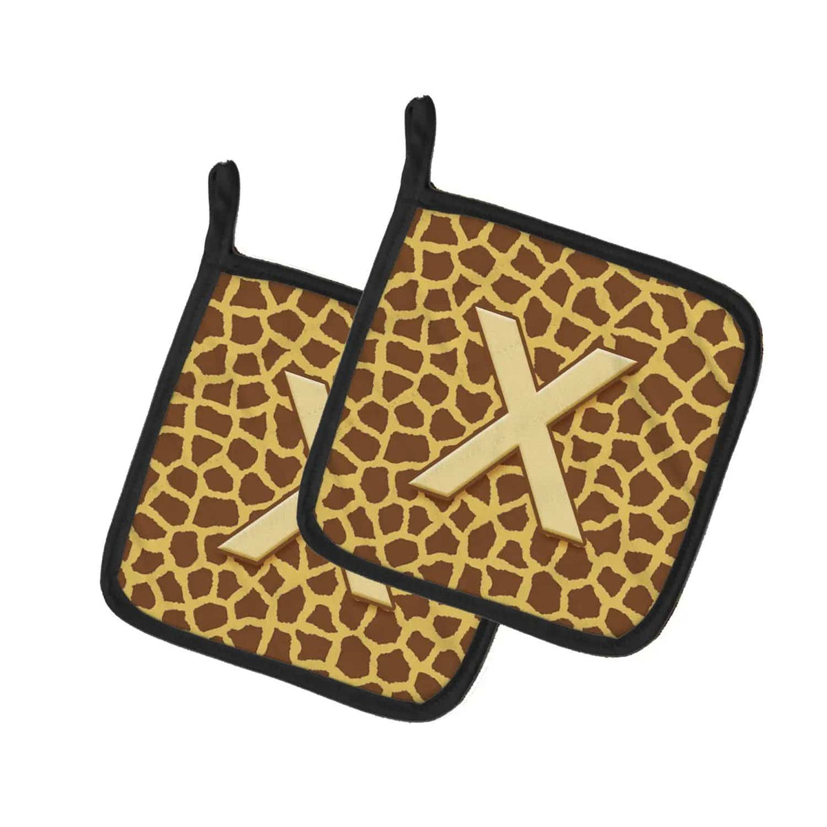 Pot Holder Set of 2 | Heat Resistant Quilted Hot Pads | 7.5 x 7.5 Inch | Letter X Initial Monogram - Giraffe