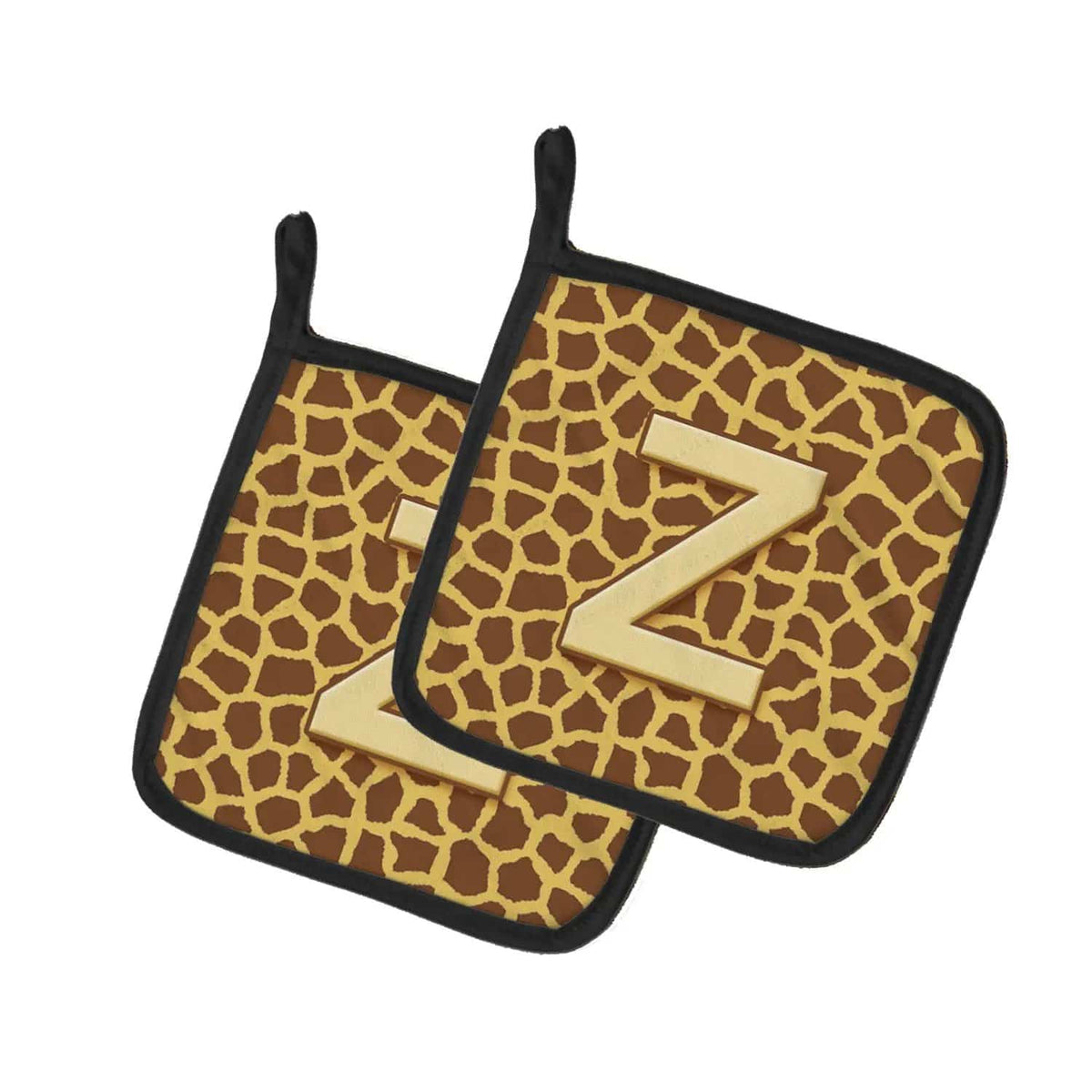 Pot Holder Set of 2 | Heat Resistant Quilted Hot Pads | 7.5 x 7.5 Inch | Letter Z Initial Monogram - Giraffe