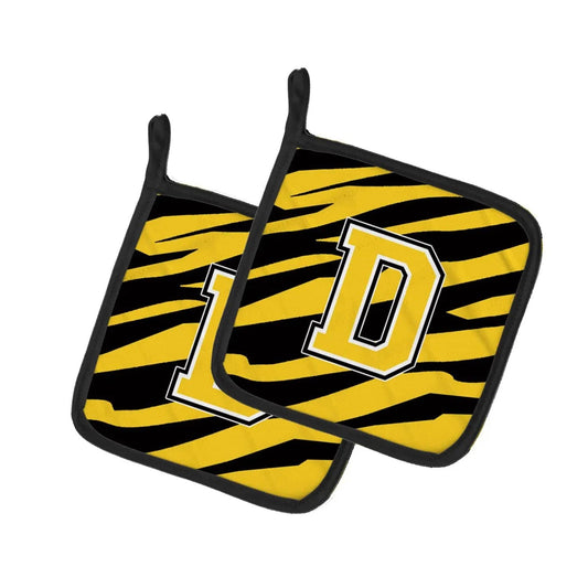 Pot Holder Set of 2 | Heat Resistant Quilted Hot Pads | 7.5 x 7.5 Inch | Letter D Initial Tiger Stripe - Black Gold