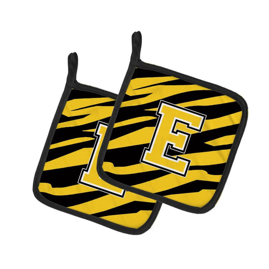 Pot Holder Set of 2 | Heat Resistant Quilted Hot Pads | 7.5 x 7.5 Inch | Letter E Initial Tiger Stripe - Black Gold