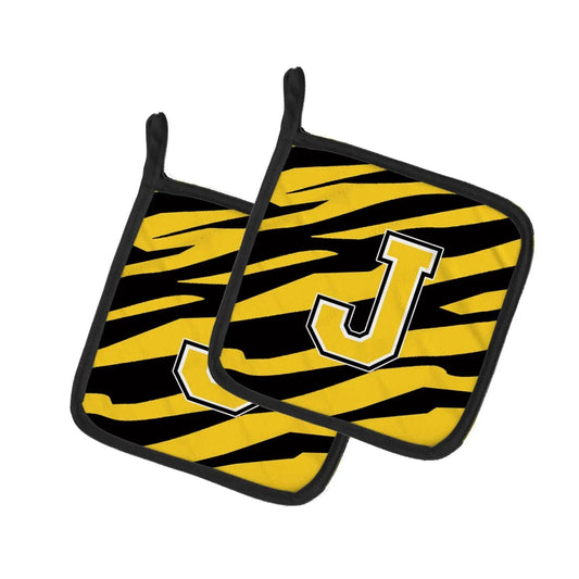 Pot Holder Set of 2 | Heat Resistant Quilted Hot Pads | 7.5 x 7.5 Inch | Letter J Initial Tiger Stripe - Black Gold