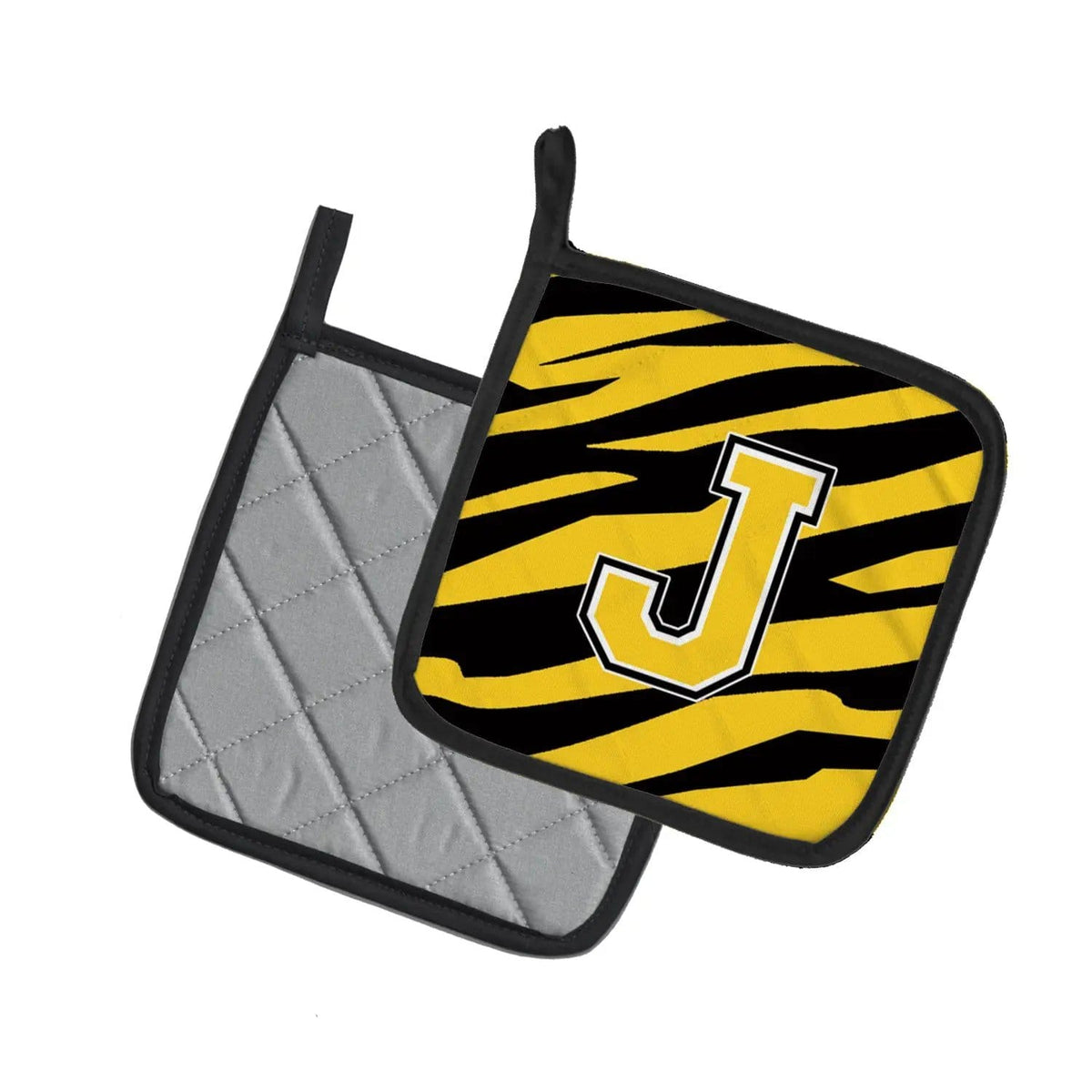Pot Holder Set of 2 | Heat Resistant Quilted Hot Pads | 7.5 x 7.5 Inch | Letter J Initial Tiger Stripe - Black Gold