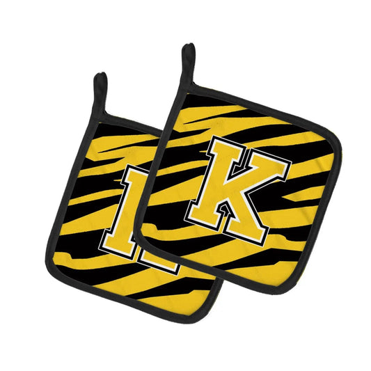 Pot Holder Set of 2 | Heat Resistant Quilted Hot Pads | 7.5 x 7.5 Inch | Letter K Initial Tiger Stripe - Black Gold