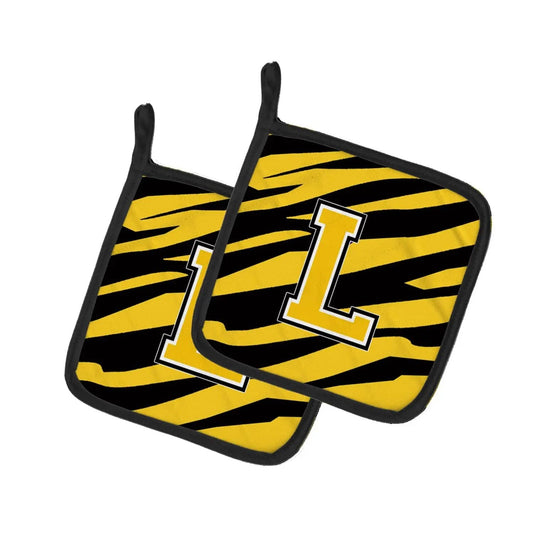Pot Holder Set of 2 | Heat Resistant Quilted Hot Pads | 7.5 x 7.5 Inch | Letter L Initial Tiger Stripe - Black Gold