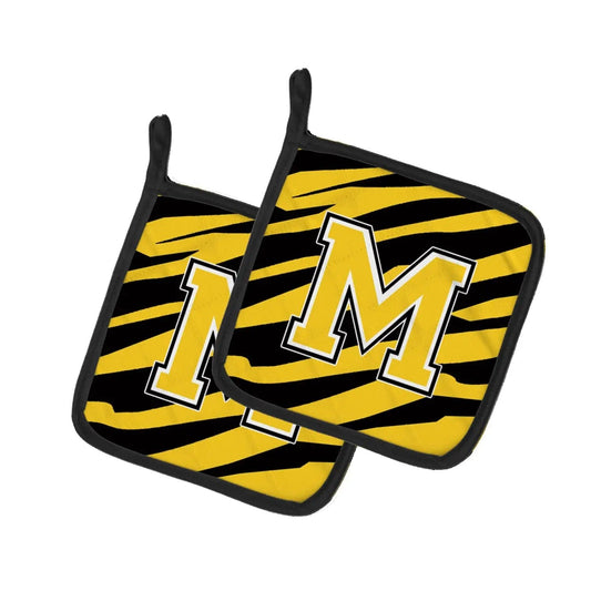 Pot Holder Set of 2 | Heat Resistant Quilted Hot Pads | 7.5 x 7.5 Inch | Letter M Initial Tiger Stripe - Black Gold