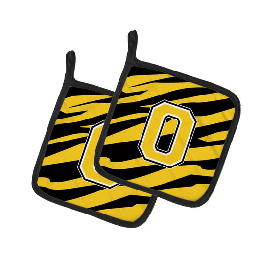 Pot Holder Set of 2 | Heat Resistant Quilted Hot Pads | 7.5 x 7.5 Inch | Letter O Initial Tiger Stripe - Black Gold