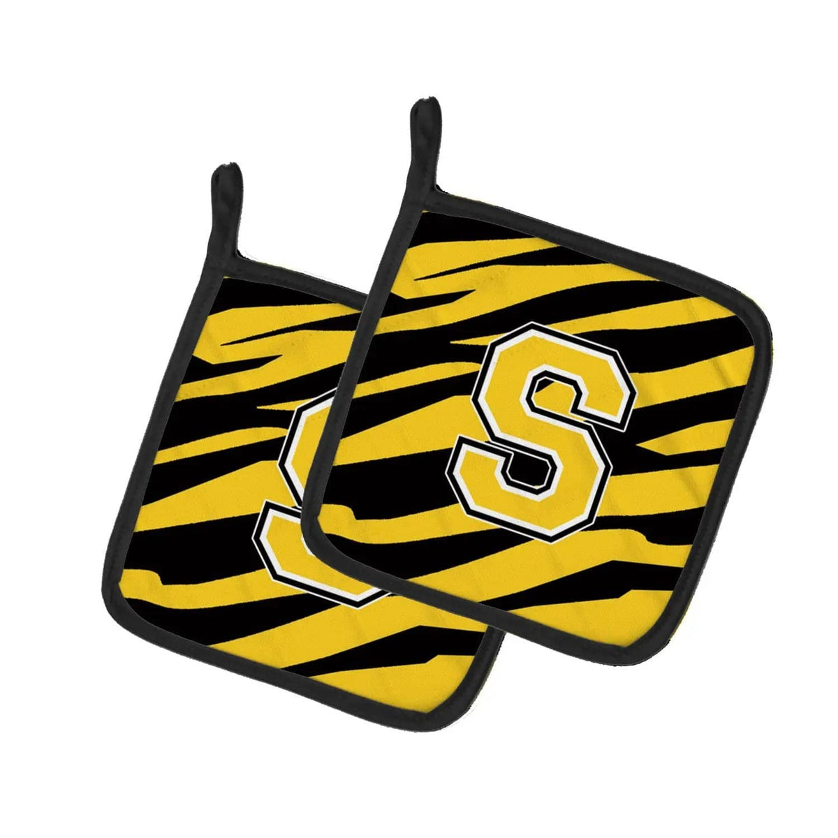 Pot Holder Set of 2 | Heat Resistant Quilted Hot Pads | 7.5 x 7.5 Inch | Letter S Initial Tiger Stripe - Black Gold