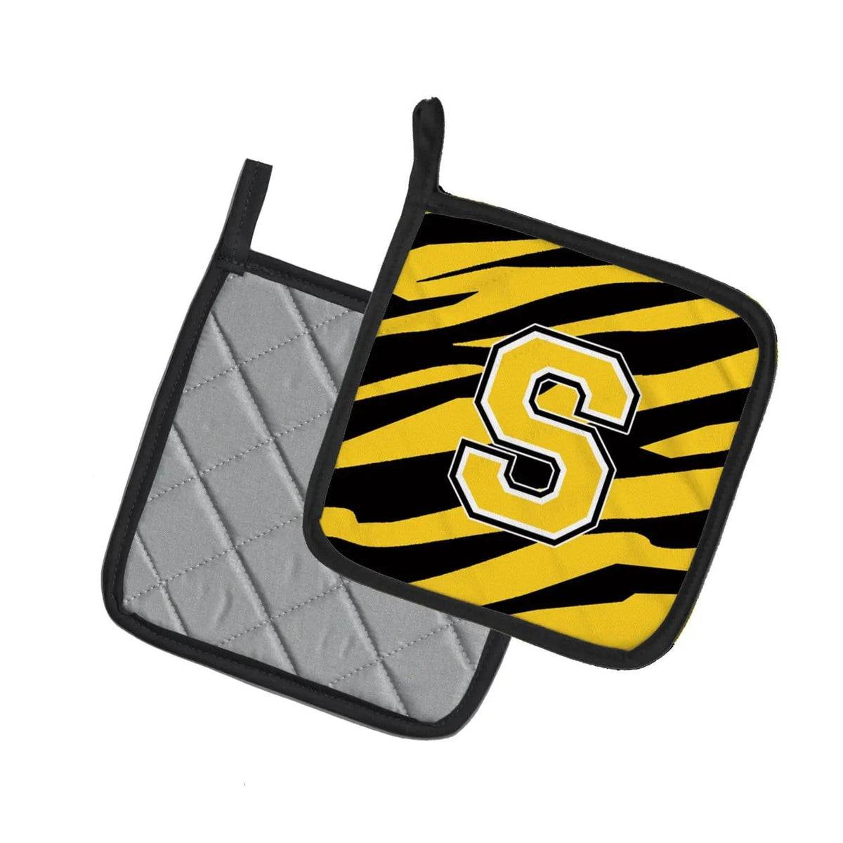 Pot Holder Set of 2 | Heat Resistant Quilted Hot Pads | 7.5 x 7.5 Inch | Letter S Initial Tiger Stripe - Black Gold