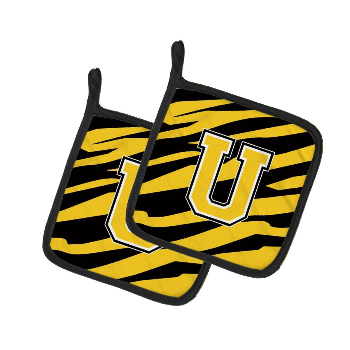 Pot Holder Set of 2 | Heat Resistant Quilted Hot Pads | 7.5 x 7.5 Inch | Letter U Initial Tiger Stripe - Black Gold