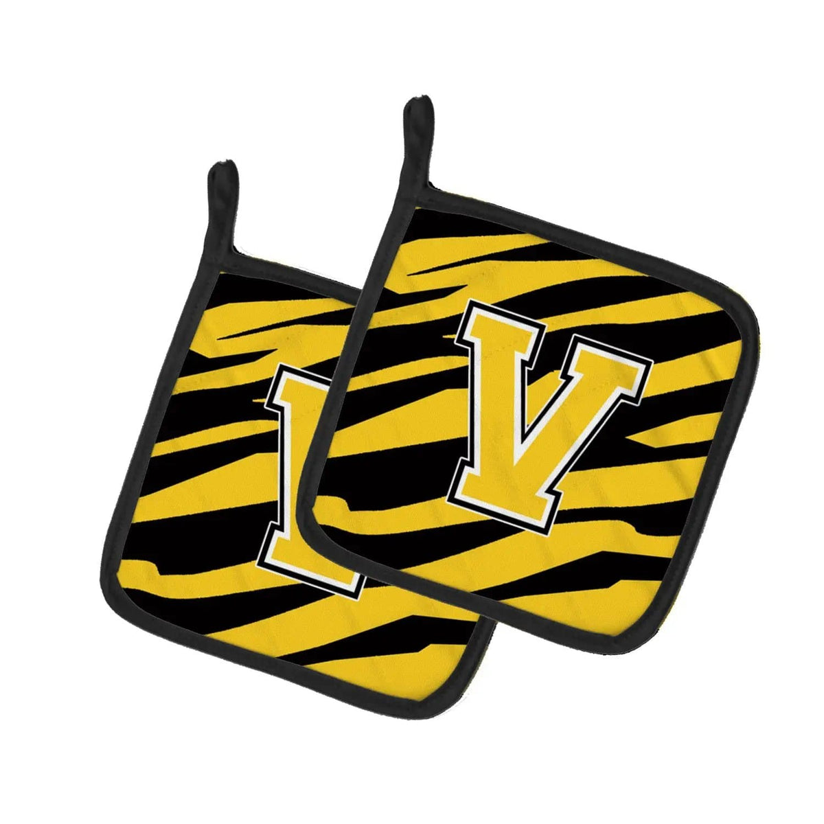 Pot Holder Set of 2 | Heat Resistant Quilted Hot Pads | 7.5 x 7.5 Inch | Letter V Initial Tiger Stripe - Black Gold