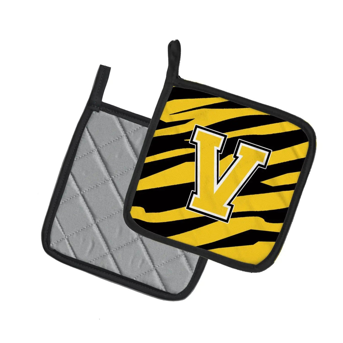 Pot Holder Set of 2 | Heat Resistant Quilted Hot Pads | 7.5 x 7.5 Inch | Letter V Initial Tiger Stripe - Black Gold