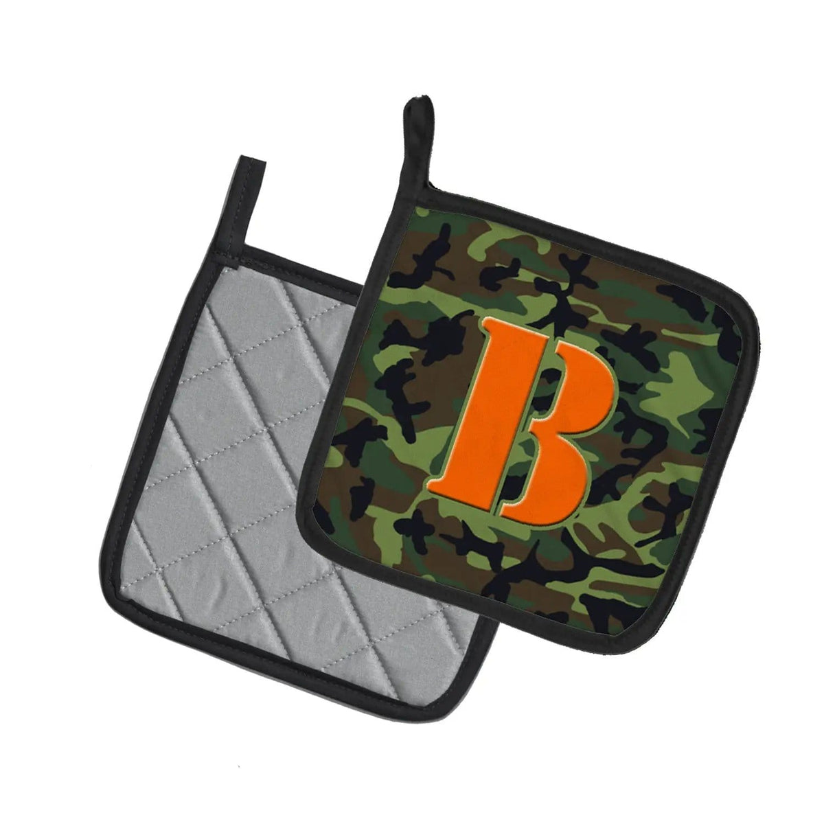 Pot Holder Set of 2 | Heat Resistant Quilted Hot Pads | 7.5 x 7.5 Inch | Letter B Monogram - Camo Green