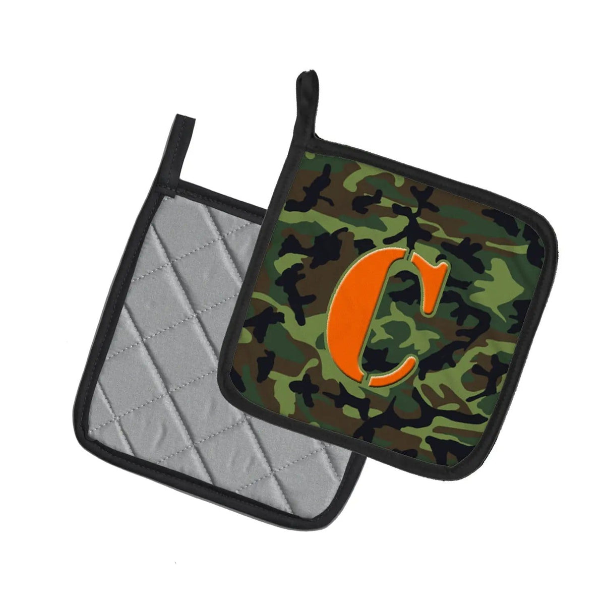 Pot Holder Set of 2 | Heat Resistant Quilted Hot Pads | 7.5 x 7.5 Inch | Letter C Monogram - Camo Green