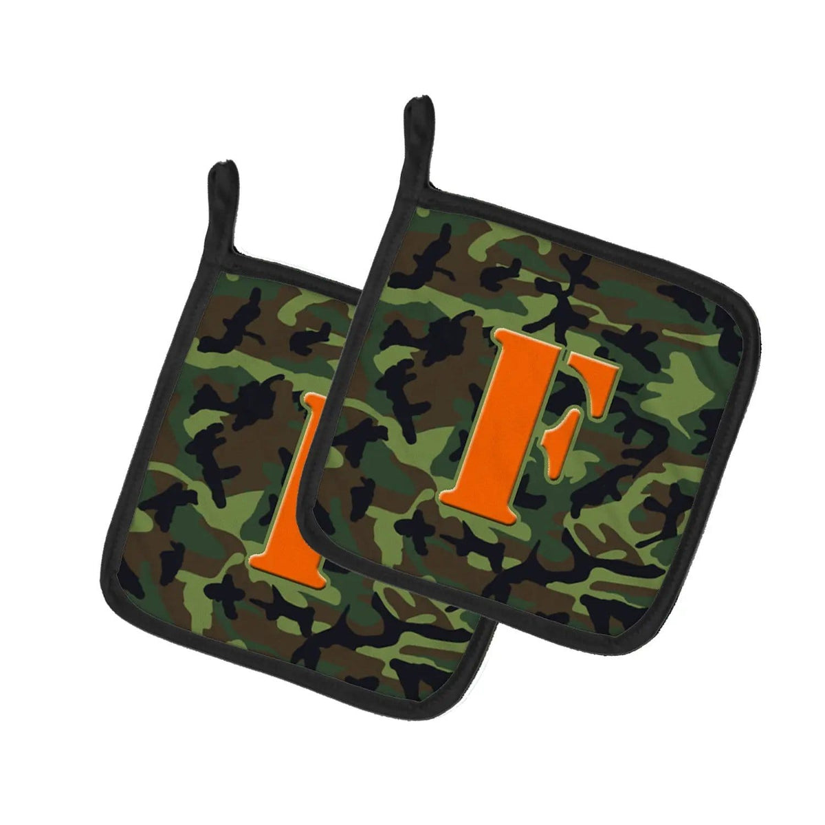 Pot Holder Set of 2 | Heat Resistant Quilted Hot Pads | 7.5 x 7.5 Inch | Letter F Monogram - Camo Green