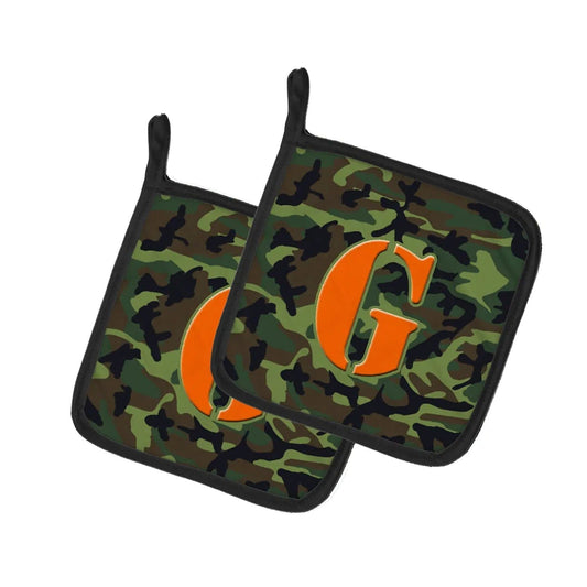 Pot Holder Set of 2 | Heat Resistant Quilted Hot Pads | 7.5 x 7.5 Inch | Letter G Monogram - Camo Green