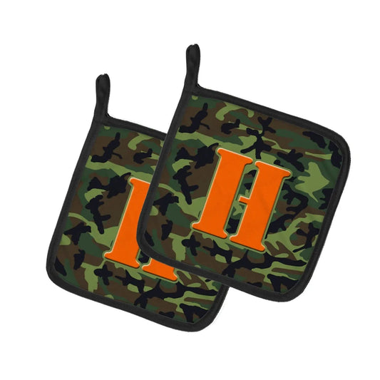Pot Holder Set of 2 | Heat Resistant Quilted Hot Pads | 7.5 x 7.5 Inch | Letter H Monogram - Camo Green