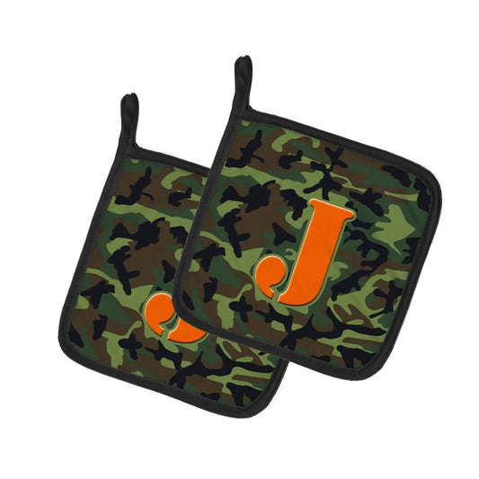 Pot Holder Set of 2 | Heat Resistant Quilted Hot Pads | 7.5 x 7.5 Inch | Letter J Monogram - Camo Green