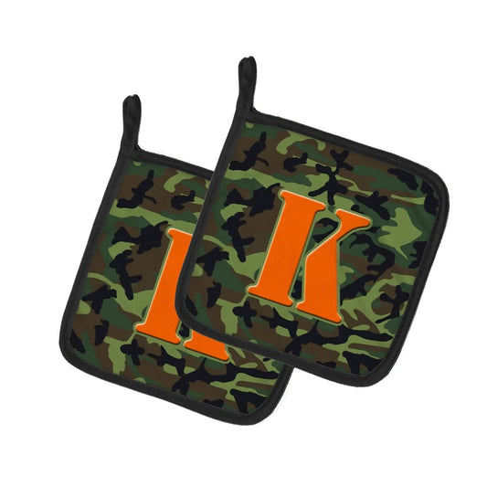 Pot Holder Set of 2 | Heat Resistant Quilted Hot Pads | 7.5 x 7.5 Inch | Letter K Monogram - Camo Green
