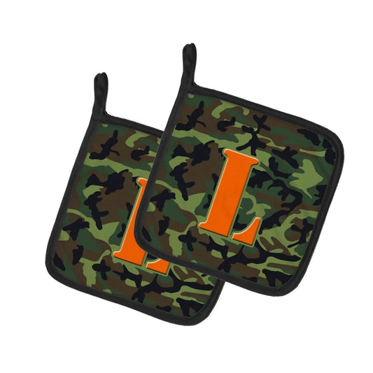 Pot Holder Set of 2 | Heat Resistant Quilted Hot Pads | 7.5 x 7.5 Inch | Letter L Monogram - Camo Green