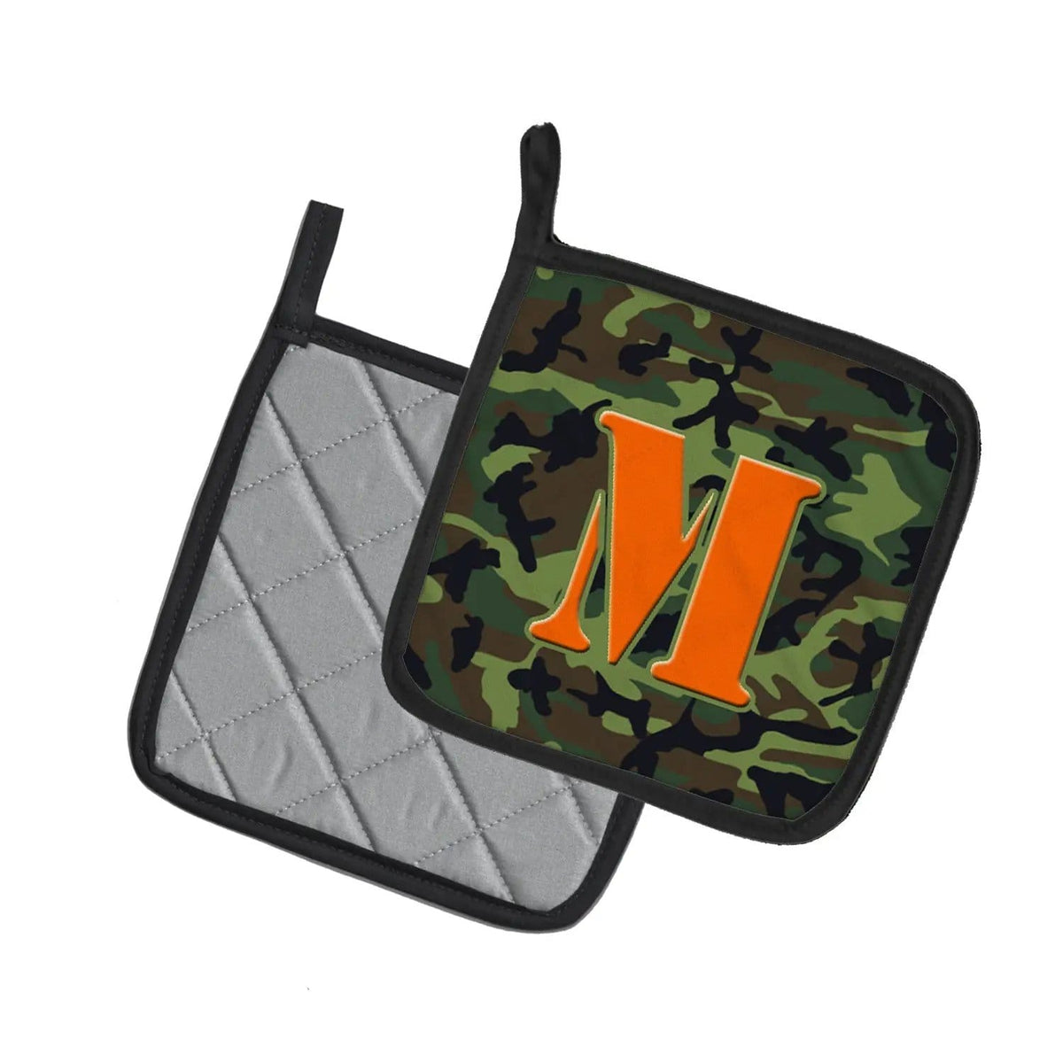 Pot Holder Set of 2 | Heat Resistant Quilted Hot Pads | 7.5 x 7.5 Inch | Letter M Monogram - Camo Green