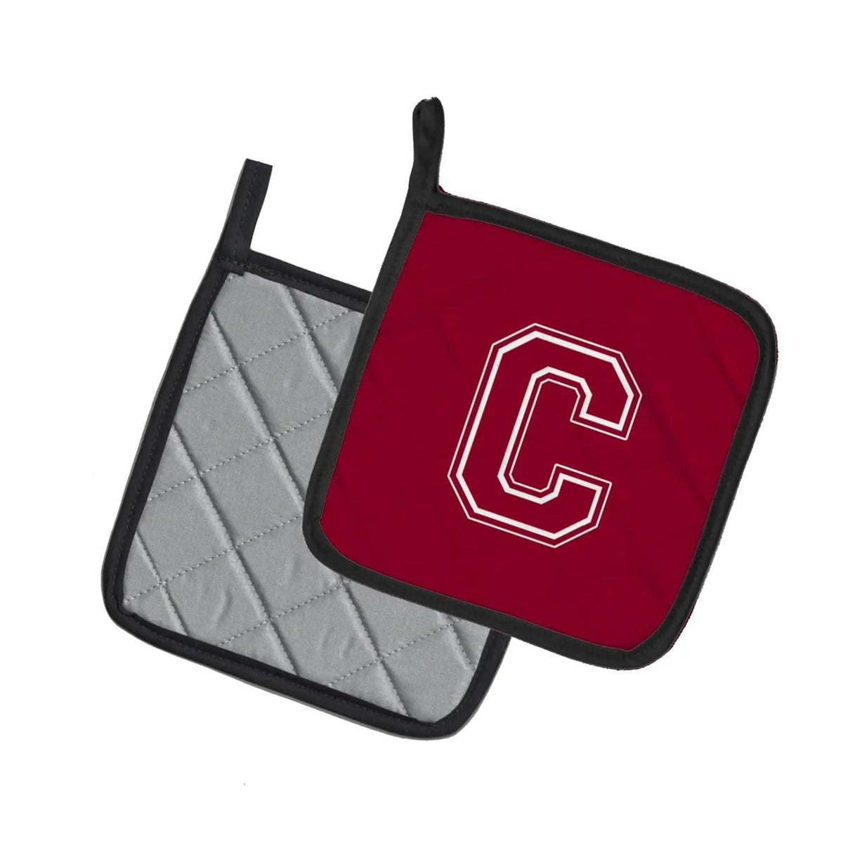 Pot Holder Set of 2 | Heat Resistant Quilted Hot Pads | 7.5 x 7.5 Inch | Letter C Initial Monogram - Maroon and White