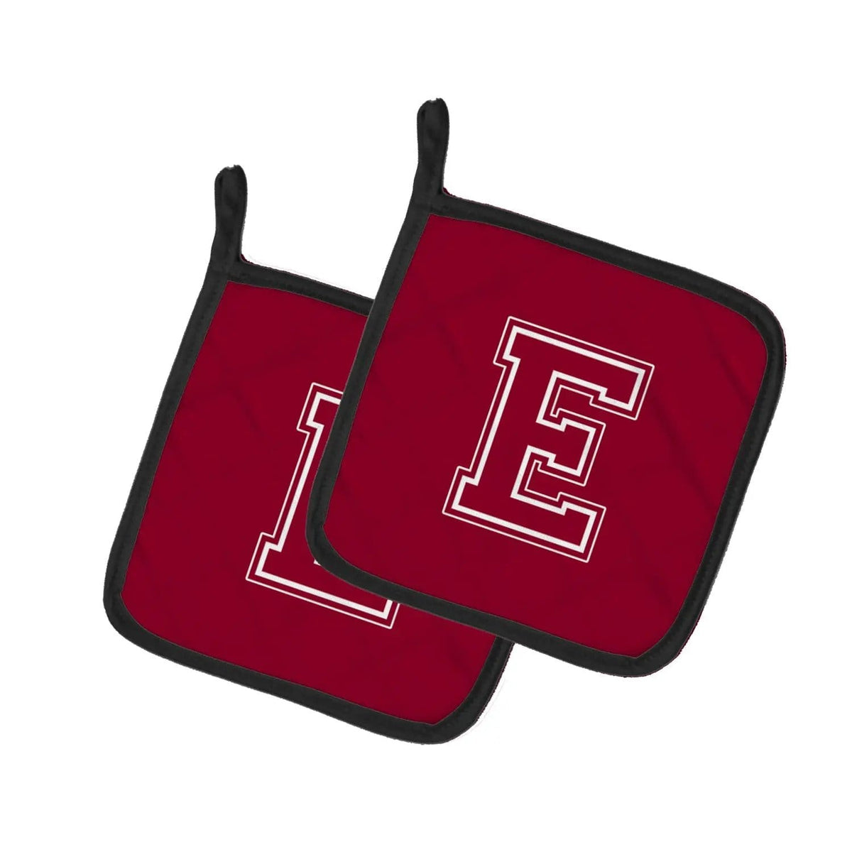 Pot Holder Set of 2 | Heat Resistant Quilted Hot Pads | 7.5 x 7.5 Inch | Letter E Initial Monogram - Maroon and White