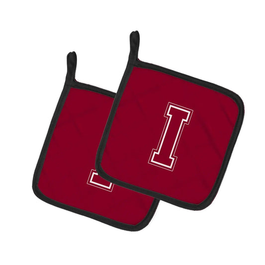 Pot Holder Set of 2 | Heat Resistant Quilted Hot Pads | 7.5 x 7.5 Inch | Letter I Initial Monogram - Maroon and White