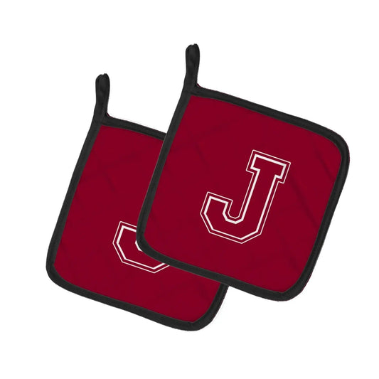 Pot Holder Set of 2 | Heat Resistant Quilted Hot Pads | 7.5 x 7.5 Inch | Letter J Initial Monogram - Maroon and White