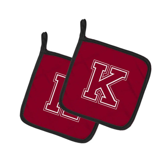 Pot Holder Set of 2 | Heat Resistant Quilted Hot Pads | 7.5 x 7.5 Inch | Letter K Initial Monogram - Maroon and White